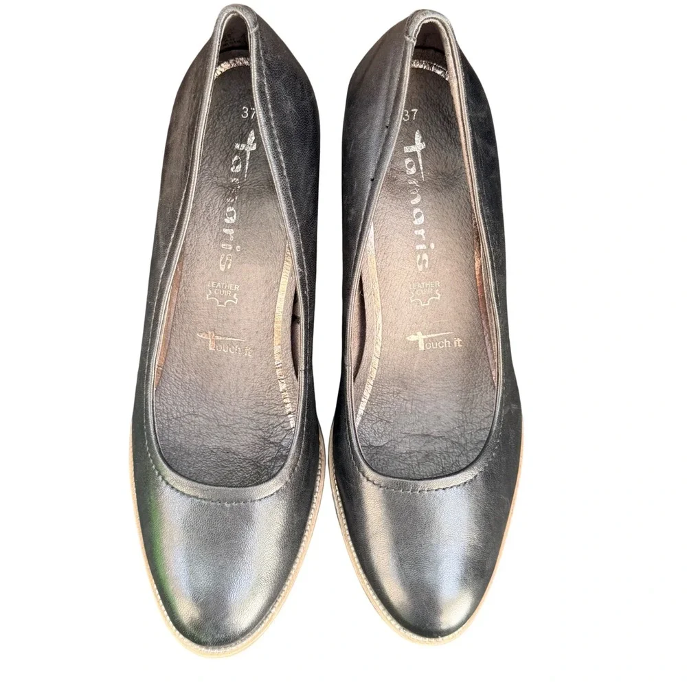 Tamaris Pumps Womens 37 Black Leather Block Heel Round Toe Touch It Office